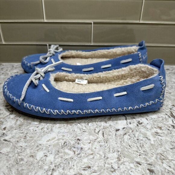 LL Bean Hearthside Sherpa Lined Blue Suede Moccasin Slippers - Picture 3 of 9